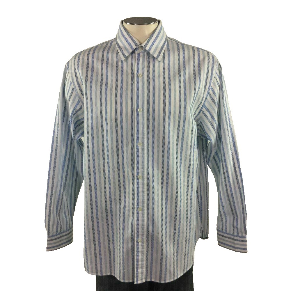 Michael Kors Button Front Shirt XL Blue White Stripe Checkered Mens